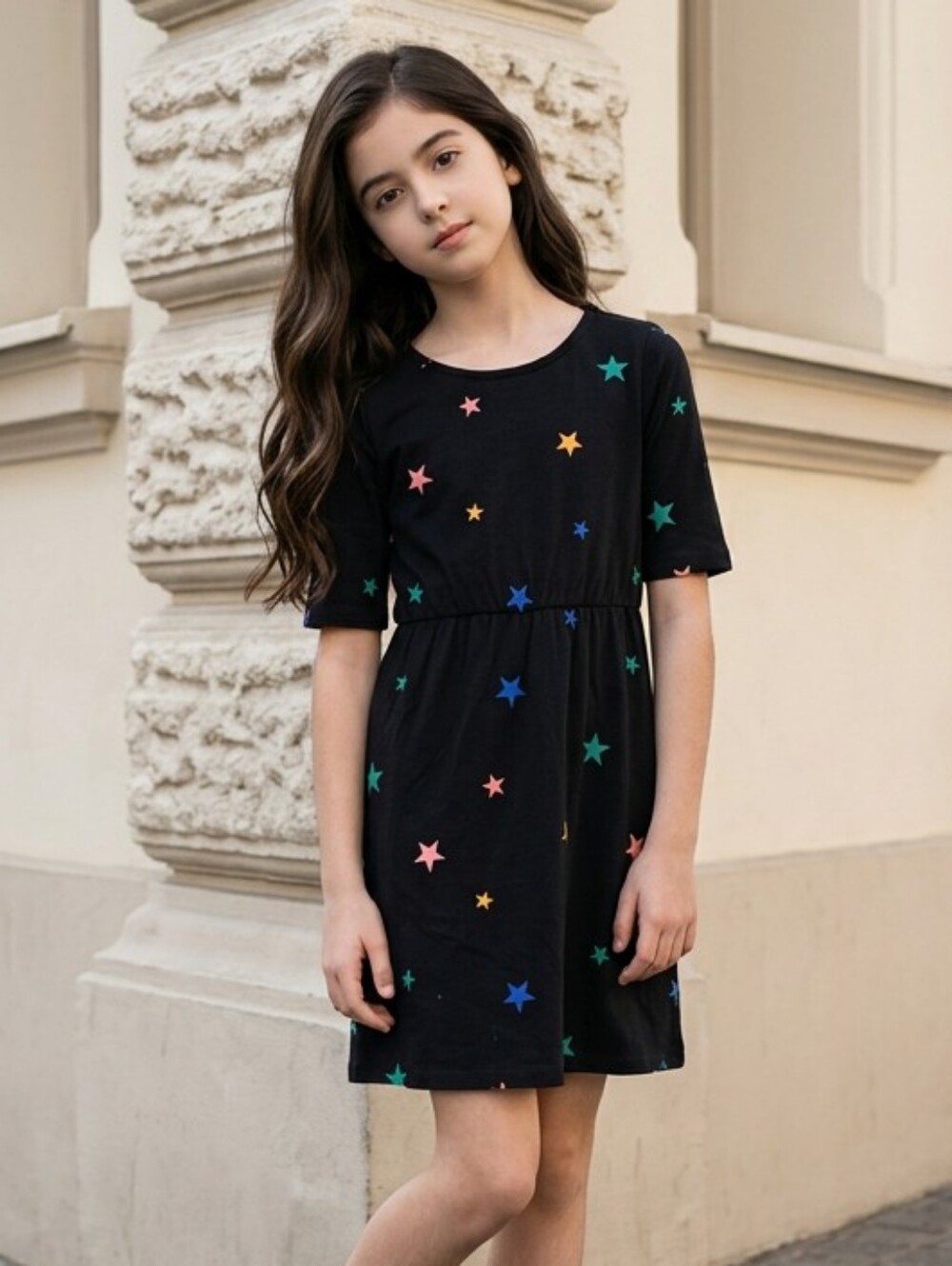 Old Navy Star Print Dress Girls Large 10/12 Black Skater Fit & Flare Casual Cool